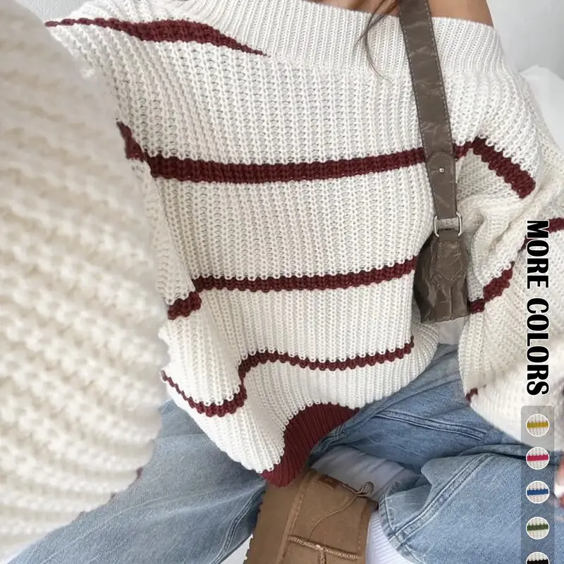 Women's Casual Striped Drop Shoulder Sweater, Fall Winter Loose-Fit Knitted Pullover, Versatile Fashion Outerwear for Daily Wear, Striped Knitwear, Womenswear