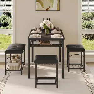 5 Piece Dining Table Set for 4, Industrial Kitchen Table with 4 Upholstered Stools, Space Saving Padded Seating for Small Spaces, Apartment Wood Metal Workstation, Black Relief Finish