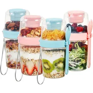 27oz Reusable Yogurt Cups with Lids and Spoons, 4 Pack Overnight Oats Containers for Breakfast, Leak-Proof Topping Compartment for Cereal or Oatmeal, BPA-Free Portable Food Storage