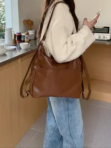 Women's Solid Color PU Leather Backpack, Large Capacity Convertible Tote Bag, Multi-functional Crossbody School Bag for Daily Used