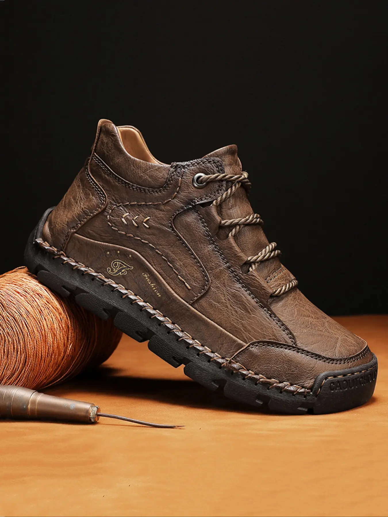 Men's Handmade Mid-Height Casual Shoes, Vintage Style PU Leather Upper, Durable Rubber Sole, All Season Comfortable Walking Sneakers