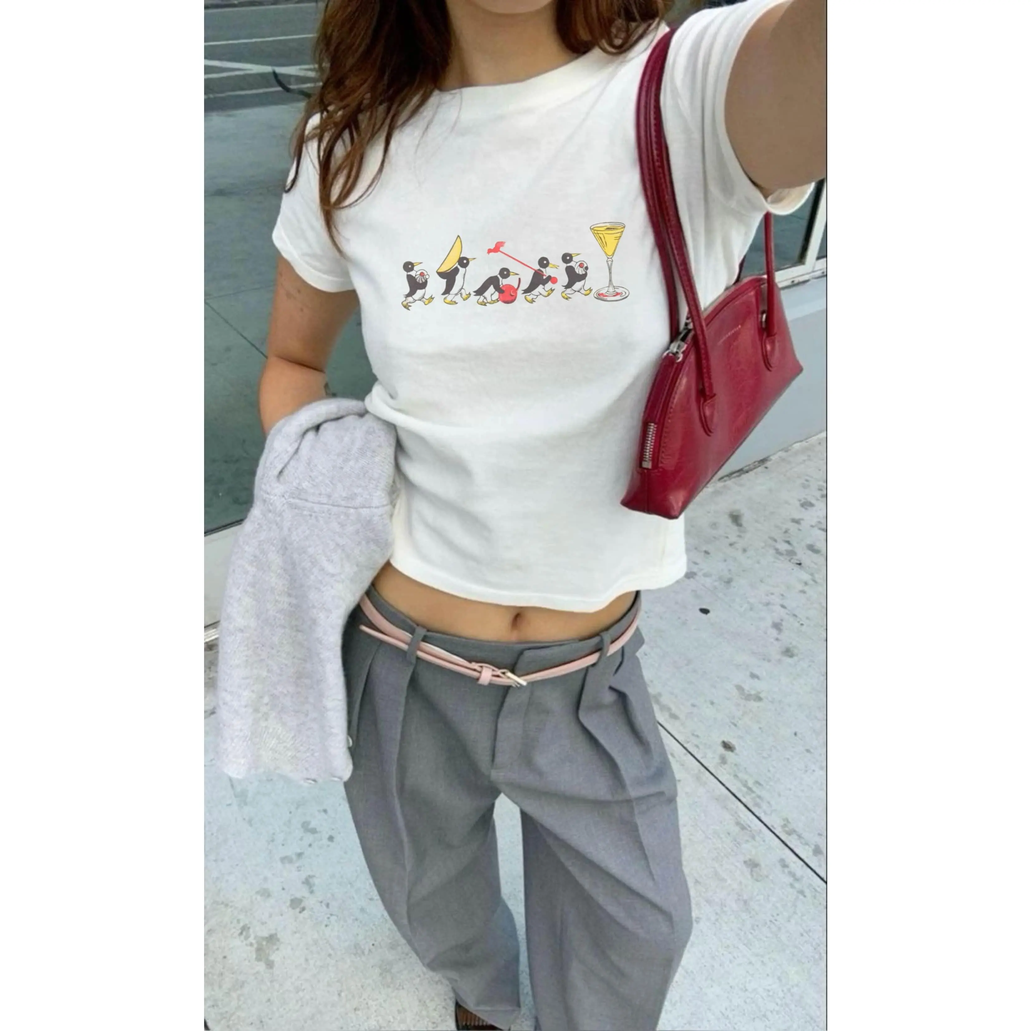 Vintage Cocktail Baby Tee, Coquette Baby Tee, Retro Graphic Top, Pinterest Aesthetic, 90S Tshirt, Y2K, Bar Illustration, Cocktail Penguins