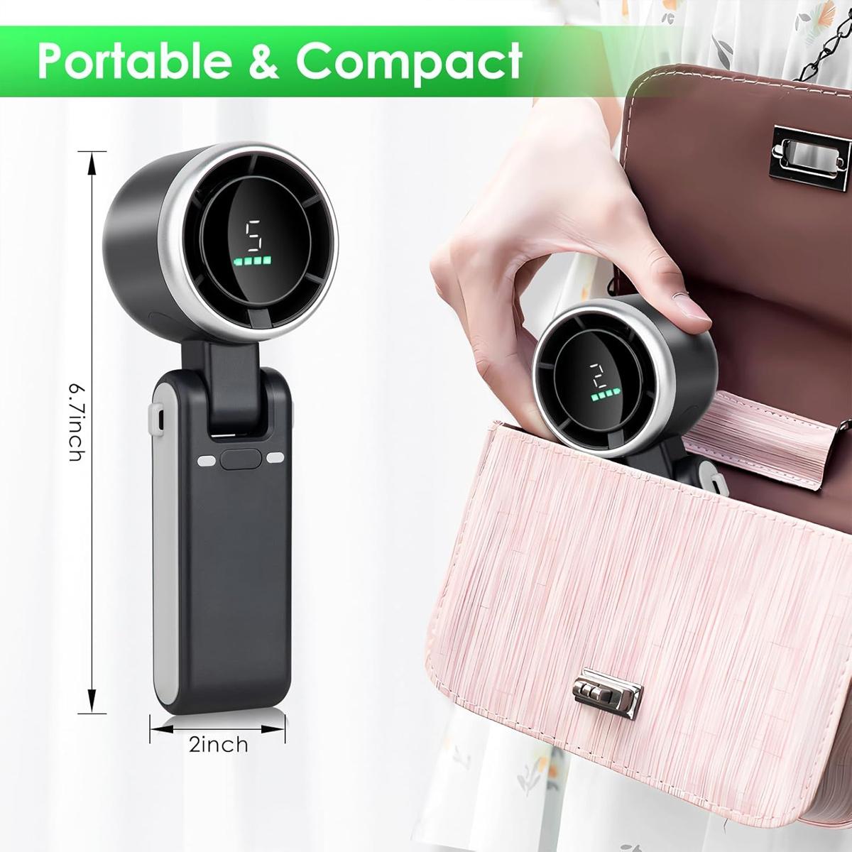 Portable Handheld Mini Turbo Fan USB Rechargeable Pocket Fan With LED Display 3 IN 1 Foldable Personal Cooling Fan for Travel Home Office