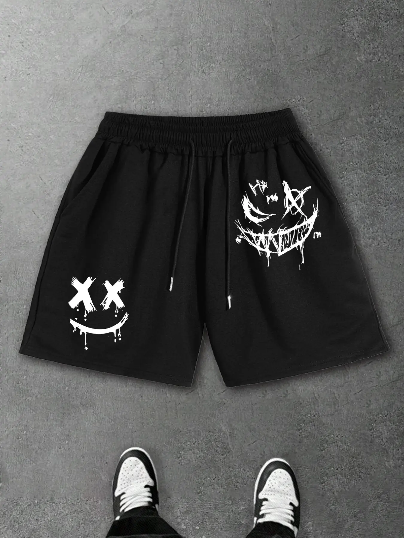 Unisex Dark Aesthetic Graffiti Print Shorts - Trendy Streetwear Loose Drawstring Shorts, Perfect for 2026 Summer Music Festivals, Skateboarding, and Punk Daily Wear.