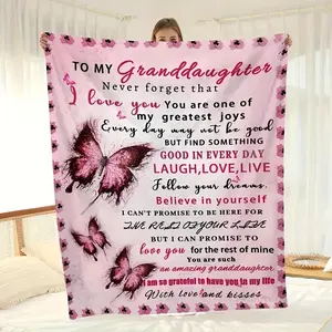 Butterfly Printed Flannel Blanket, To My Granddaughter Envelope Blanket For All Season, Warm Cozy Soft Throw Blanket Nap Blanket For Couch Bed Sofa Camping Travel, Holiday Gift For Granddaughter, Birthday Gift Christmas Halloween Thanksgiving Day summervi