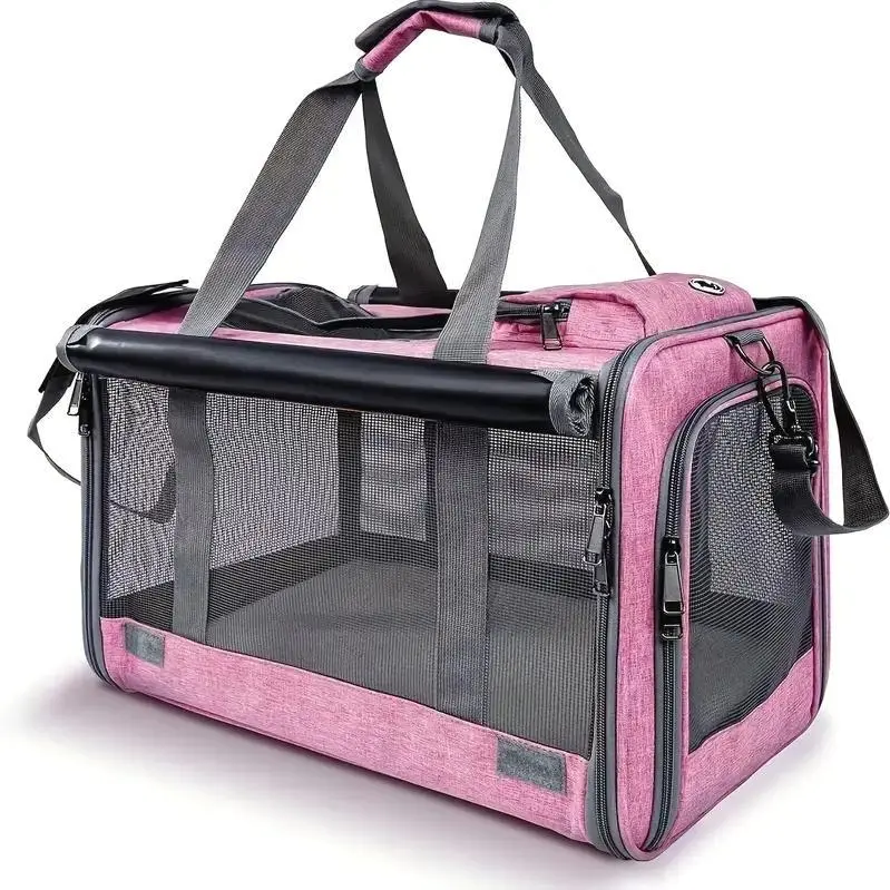 Soft-Sided, Airline Approved Medium Cat And Small Dog Carrier - Durable, Breathable, Collapsible Travel Crate With Privacy Features, Easy To Carry, Zipper Closure, Oxford Cloth Pet Cage, (Combo Set Includes 1 Leash + 1 Collar; Color Is Random)
