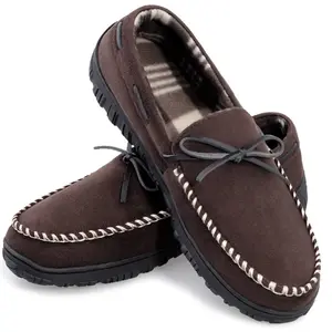 shoeslocker Men's Memory Foam Comfort Slippers All Seasons Indoor Outdoor Brown Round Toe Slide On Loafers with Arch Support for Casual Wear Beige Flat Shoes, Footwear
