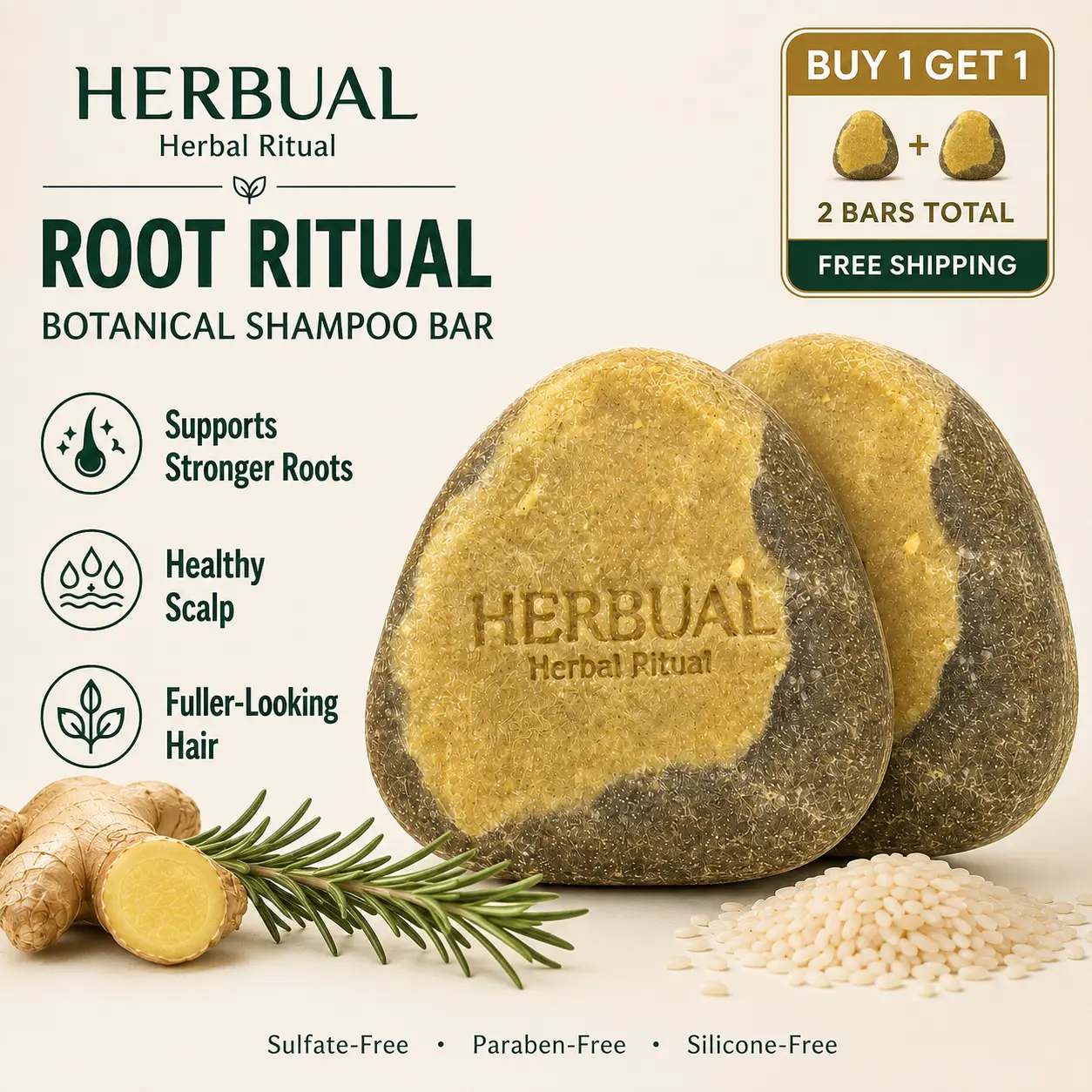 HERBUAL Botanical Shampoo Bar 2-Pack (90g x2) – Buy 1 Get 1 Free, Ginger Rosemary & Rice Water, Root & Scalp Care for Thinning, Weak and Breakage-Prone Hair, Fuller-Looking Hair, Daily Cleansing Shampoo Bar for Men & Women