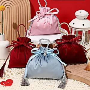 10-Piece Satin Ribbon Drawstring Candy Bags, Blue Colors, Fringe Design, Perfect for Weddings & Parties, Fashion Gift Pouches