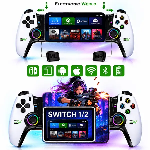 Electronic World Electro Play Force Bluetooth Mobile Game Controller with Hall-Effect Joysticks Turbo Mode RGB Lighting and Dual Vibration