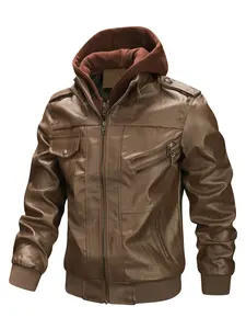Men's High-Quality PU Leather Jacket, Zippered Jacket, Detachable Hooded Design, Windproof Waterproof Durable Fabric, Perfect Gift Idea