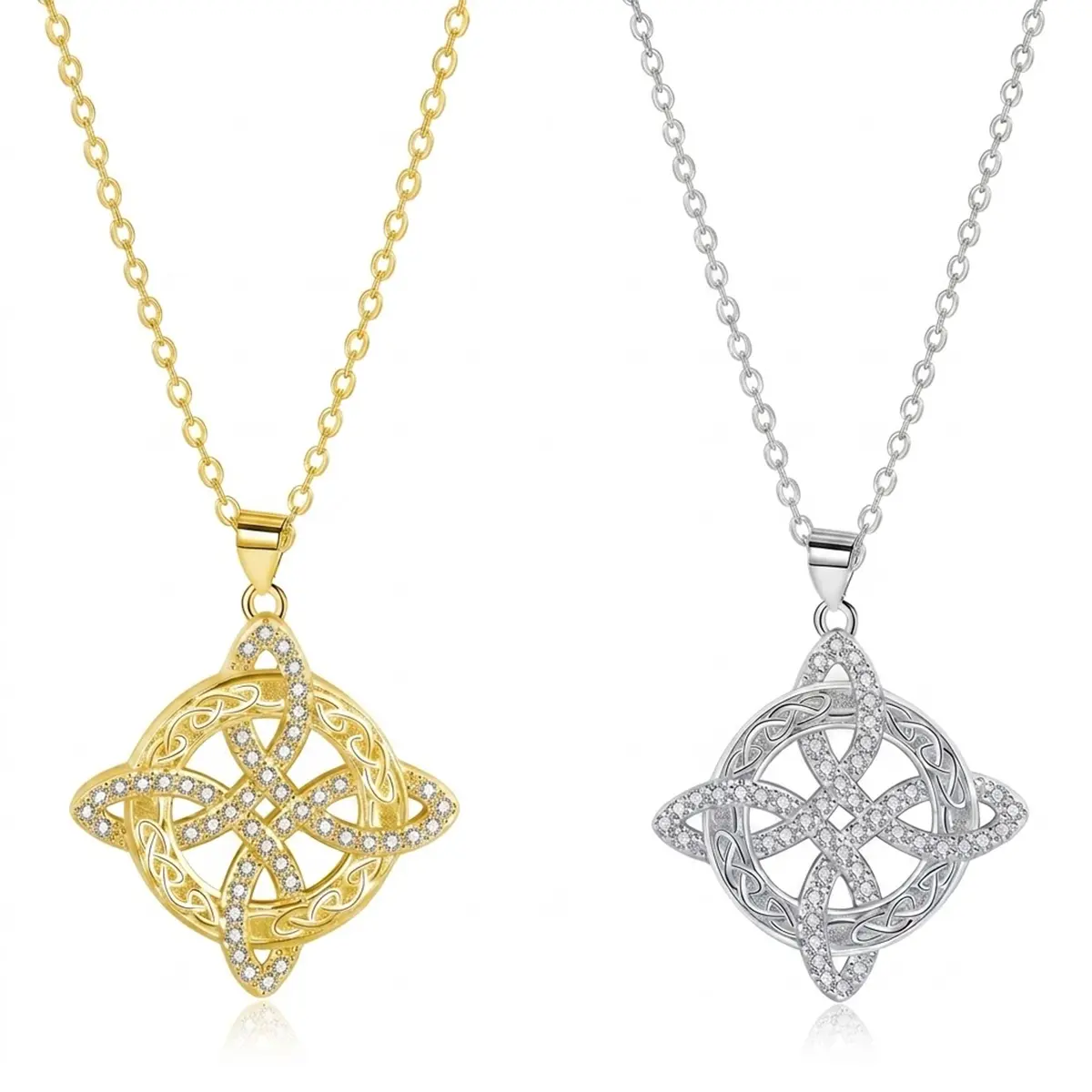 Witch's Knot Pendant Necklace - Silver Metal Coated Celtic Knot with Cubic Zirconia, Infinity Cross Design, Long Chain, Includes Pendant, Unisex Meaningful Gifts for Daily Wear