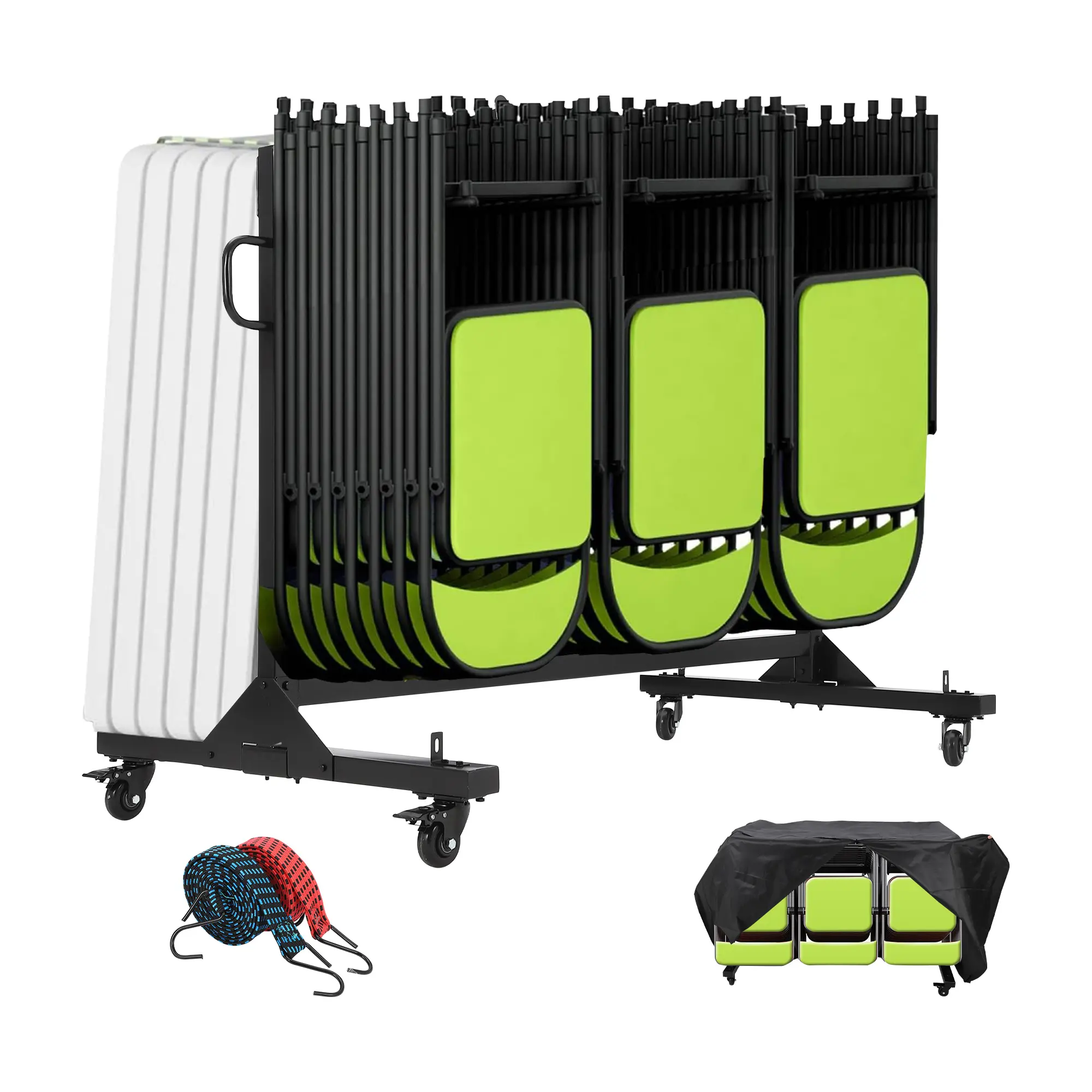 Heavy Duty Folding Chair Cart, Adjustable Steel Dolly with Locking Wheels, Weatherproof Cover – Holds 42–84 Chairs or 12 Tables