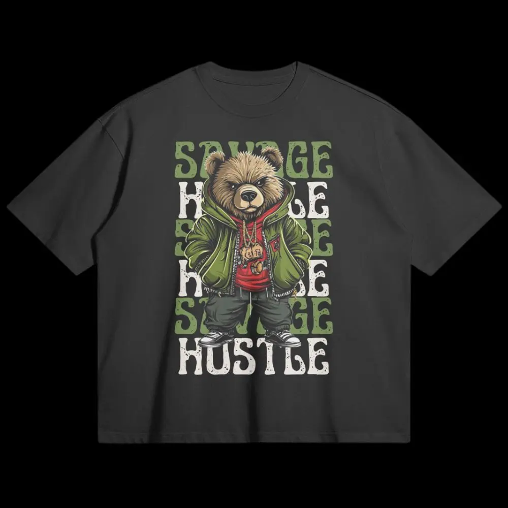 Savage Hustle "Bear" Tee - Classic Crew Neck with Ribbed Collar, Drop Shoulders, 100% Combed Cotton, Graphic Tee, Hustlers Streetwear