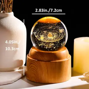 3D Solar System 2.36-inch Crystal Ball with Rotating Wooden Base, Space Decoration, Astronomy Gift, Suitable for Female and Male Physics Enthusiasts, Science Teachers, Planet Lamp, Cosmic Night Light, Holiday Gift, Children's Gift