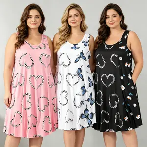 Plus Size Women's 3 Pack Sleeveless Nightgowns, Soft Printed Tank Sleep Dresses with Cute Heart, Butterfly & Daisy Prints, Loose Fit Breathable Loungewear for Summer Home Wear