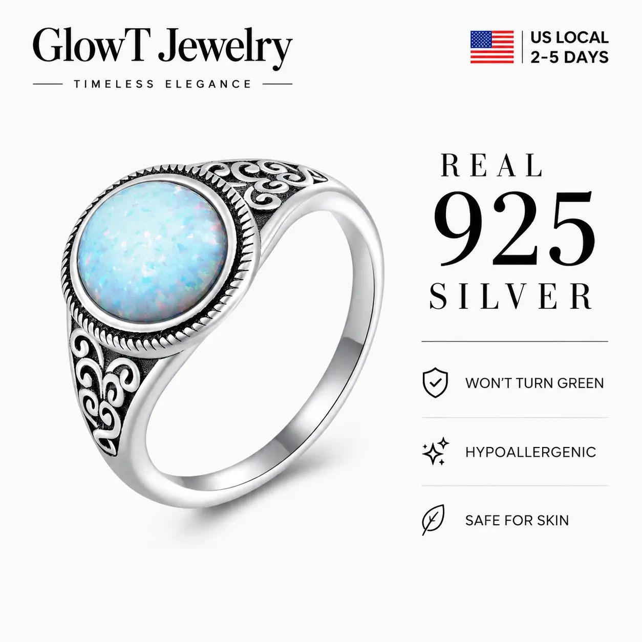 925 Sterling Silver Vintage Blue Opal Statement Ring | Oxidized Filigree Cloud Motif Band for Women Retro Oxidized Silver Filigree Stackable Jewelry