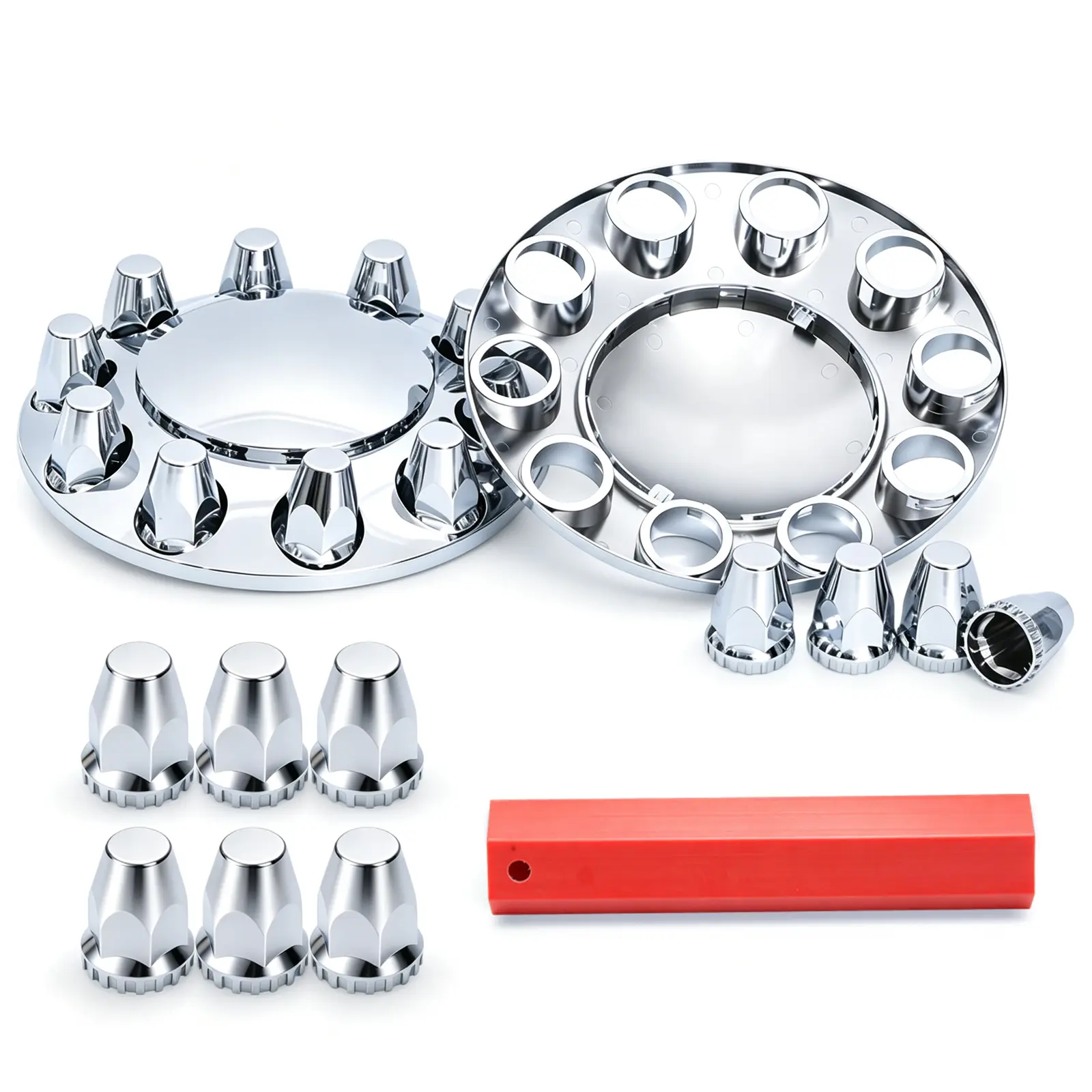 2-Piece Chrome Front Axle Wheel Cover with 33mm Thread-On Lug Nuts, Auto Replacement Parts for Semi Trucks