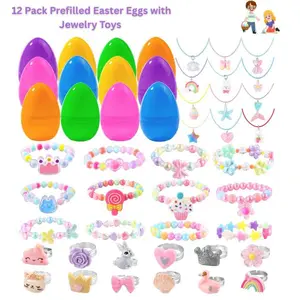 12 Pack Prefilled Easter Eggs with 36 pcs Cute Bracelets Necklaces Rings Easter Basket Stuffers Egg Fillers for Girls Party Favors Kids Toddler Presents