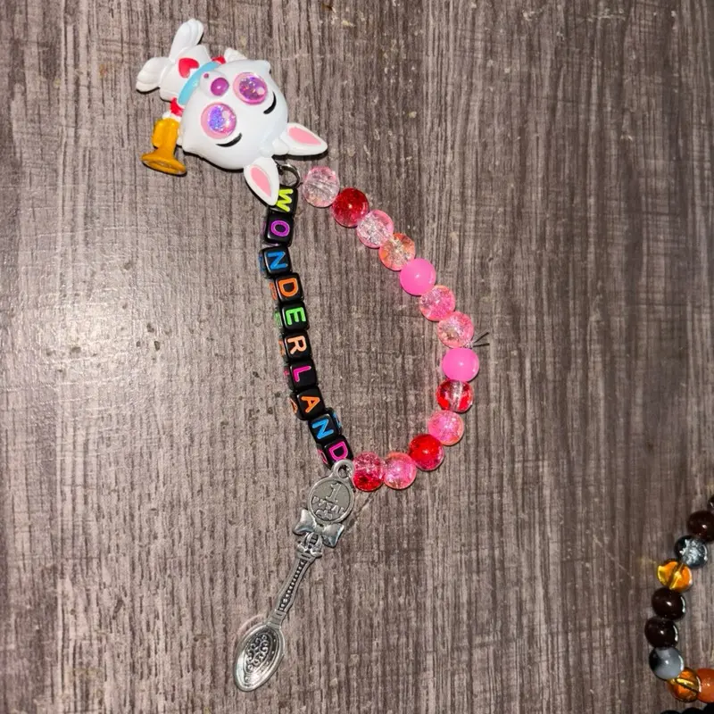 Alice and Wonderland White Rabbit and Soup Spoon Wonderland Bracelet with Colorful Beads and Unique Design