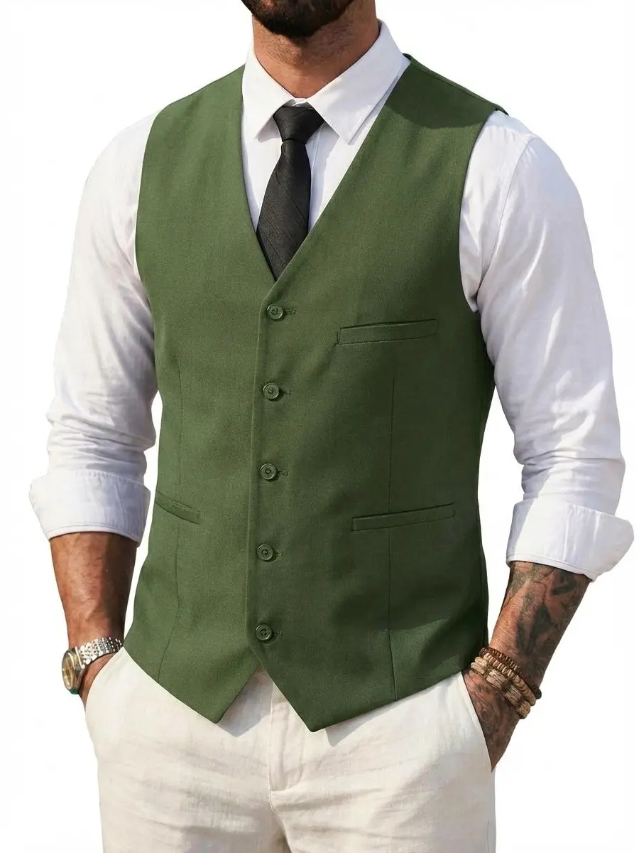 Men's Sleeveless Serge Buttoned Waistcoat - Formal Wear, Smooth Fabric, Business Formal Suit Separates, Wear with Suits, Ideal for Business & Wedding Events (Buttoned Vest Waistcoats & Gilets Category), Menswear, Plain