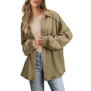 Women's Oversized Moss Green Patchwork Buttoned Waffle Knit Shacket