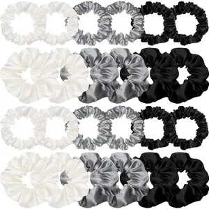 24 count Satin Hair Scrunchies Silk Elastic Hair Bands Thin Hairs Ties Ropes Ponytail Holder for Women Girls Hairs Accessories Decorations(Black White Gray,Plain )