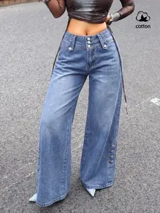 Women High-Waisted Wide-Leg Denim Jeans, Multi-Button Fly, Split Design, Distressed Wash, Casual Street Style, All Seasons, Versatile Long Pants
