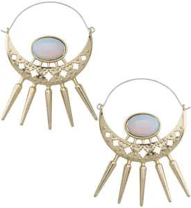 Gold PVD Press White Opalite Crescent Plug Hoops