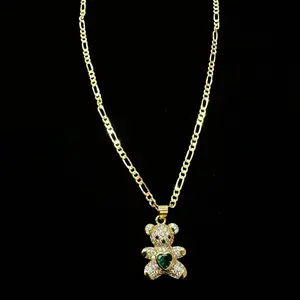 Plated Gold Teddy Bear Necklace with Green Heart Pendant and Figaro Chain for Women