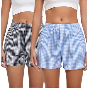 Womens Pajama Bottoms Cotton Plaid Boxer Shorts Y2K Summer Beach Lounge Shorts With Pockets