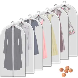Hanging Garment Bags 7 Piece Set - 60 Inch Translucent Dust Proof Clothes Bag White Breathable Full Zipper Dust Cover for Suit Dance Costumes Gown Dress.