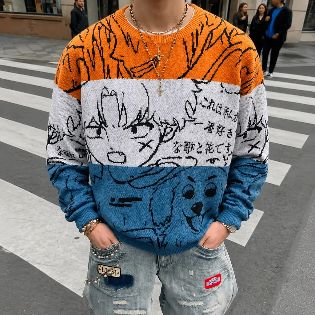 Unisex Harajuku Anime Graphic Color Block Sweater. Unique Oversized Manga Print Knit Pullover. Edgy Y2K Streetwear. Cozy Fall Winter Layering Top for Casual Everyday Outfits.