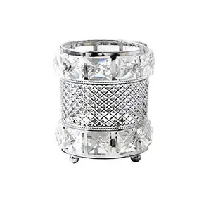 Silver Makeup Brush Holder Organizer,Handcrafted Vintage Cosmetics Brushes Eyebrow Pencil Pen Cup Collection, Crystal Flower Vase Desk Dresser Decoration and Storage,4.7 x 4 Inch