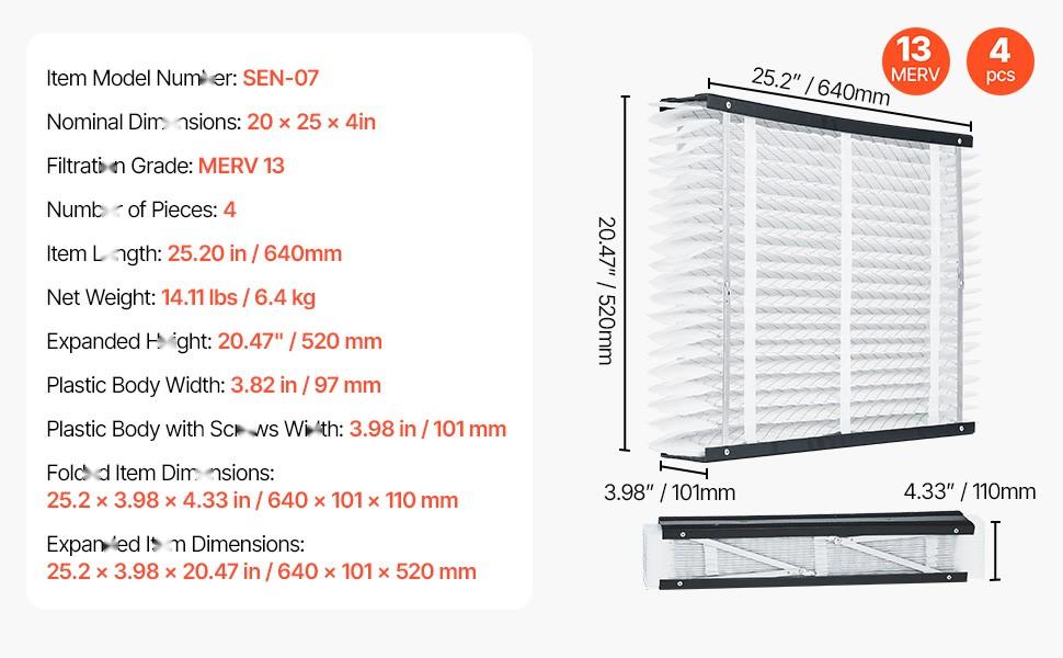 Air Filter MERV 13 Electrostatic Pleated HVAC Furnace Filter 20 x 25 x 4, 4-Pack, High Efficiency Replacement for Residential Central Heating and Cooling Systems, Improves Indoor Air Quality and Dust Filtration