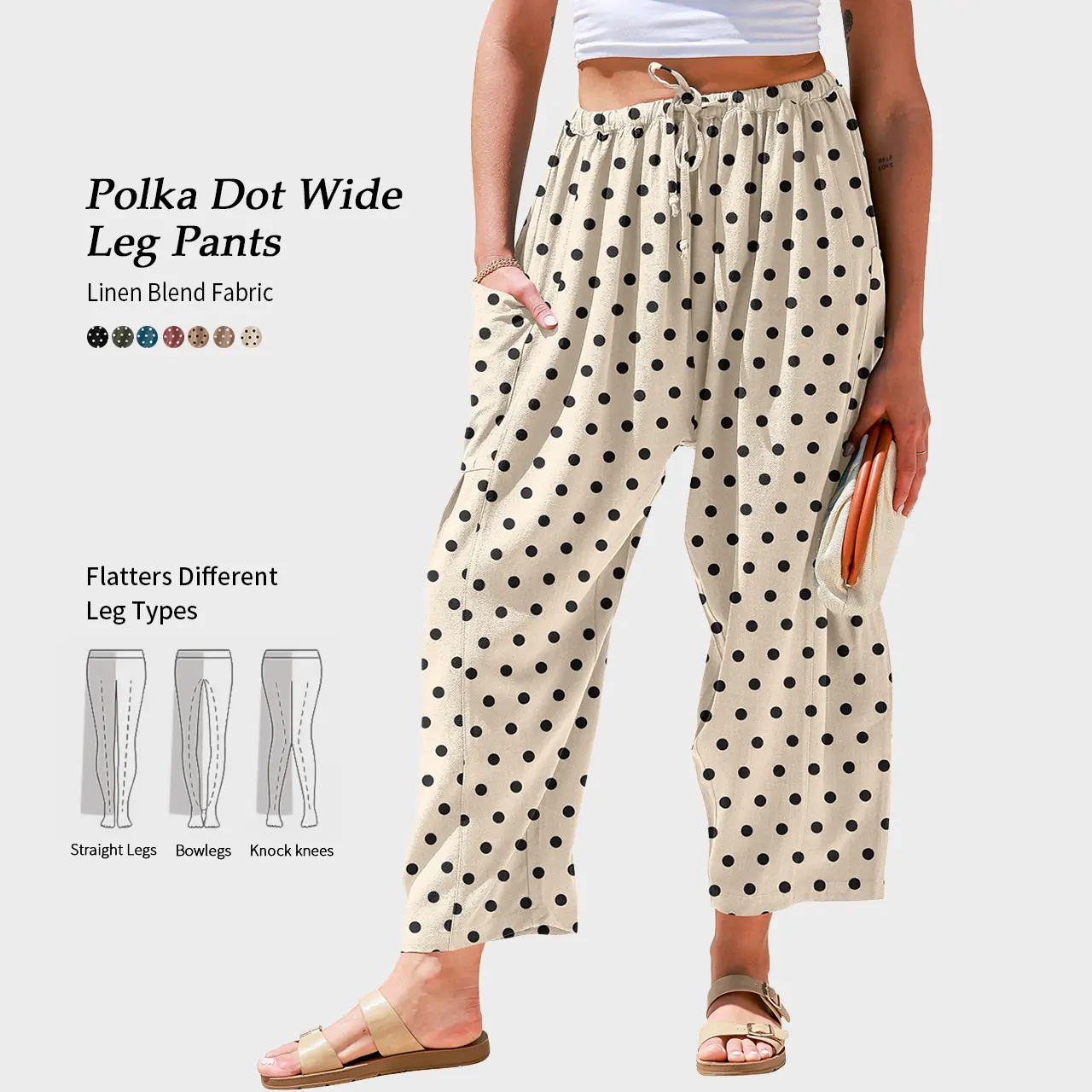 TARSE Womens Linen Blend Wide Leg Polka Dot Pants Casual Comfy Oversized Loose Fit Summer Beach Travel Vacation Palazzo Trousers with Pockets