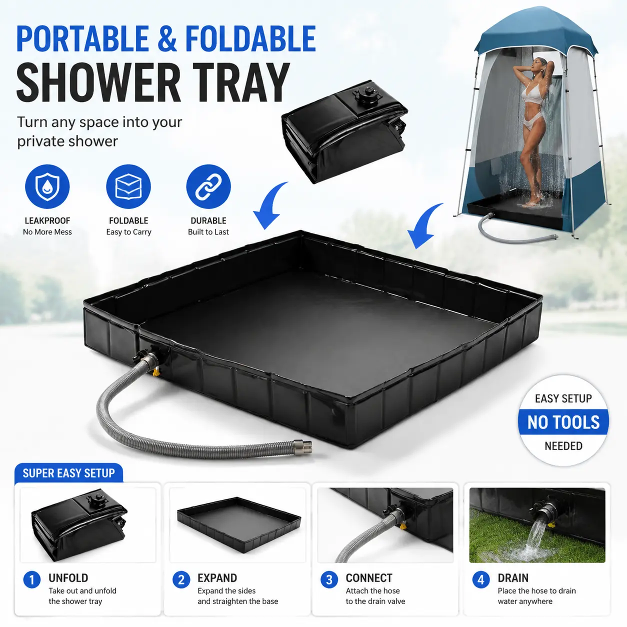 Upgraded Portable Shower Pan 41"x41"x5" - Heavy-Duty Non-Slip Base with Drain Hole & Mesh Storage Bag | Collapsible Camp Shower Tray for RV, Beach, Glamping | Leakproof Outdoor Bath Floor-5608 Travel Accessories Camping Showerhead