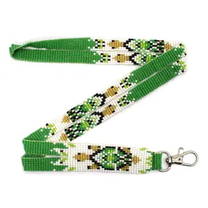 Handmade Beaded Turtle Pattern Green White Gold Lanyard - 33.5" Length