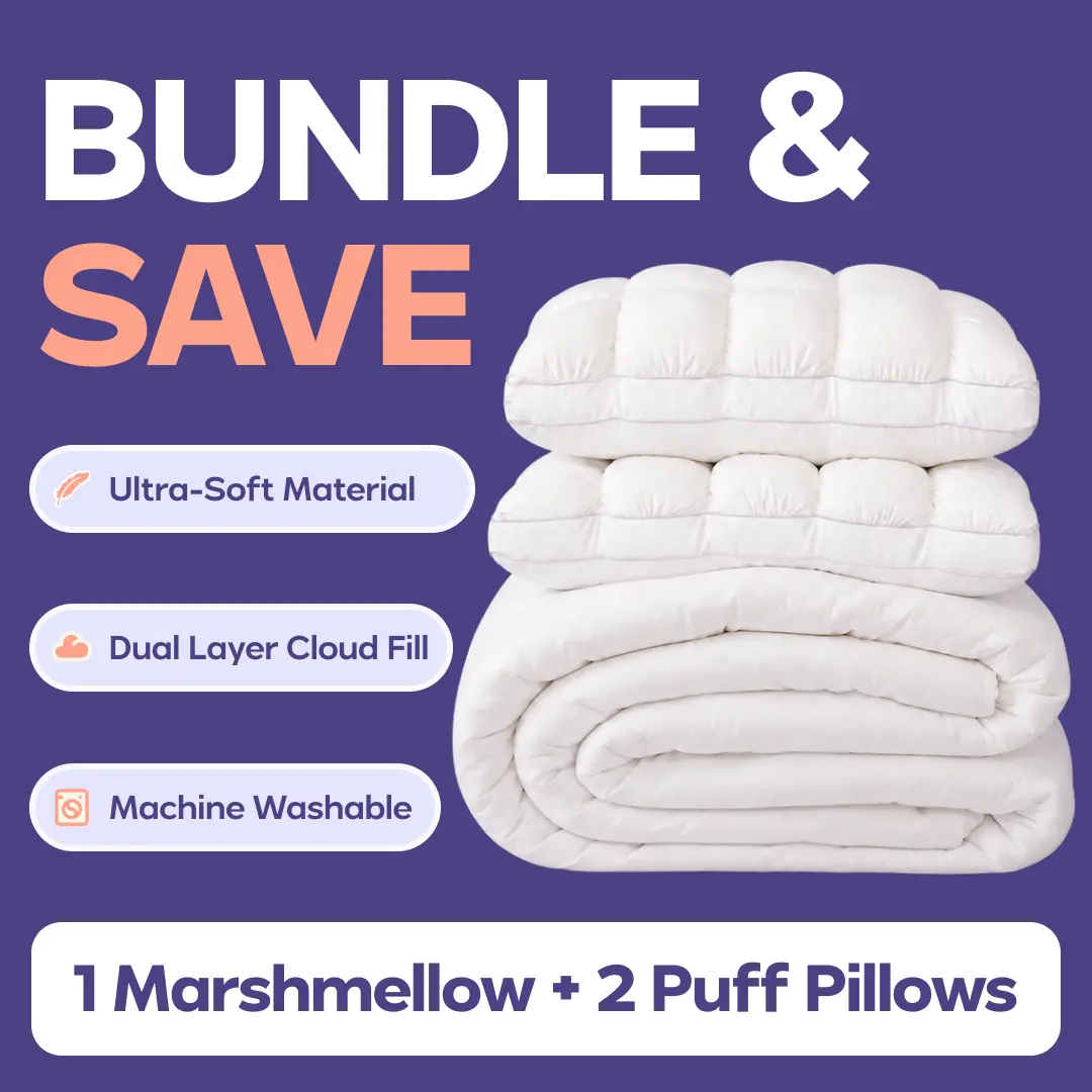 Mellow Sleep | MarshMellow Comforter + 2 Cooling Puff Pillows | Ultra Soft Fluffy Bedding Set, Cozy Bed Set, Cloud Comforter, Luxury Cooling Bedding, Plush Pillows