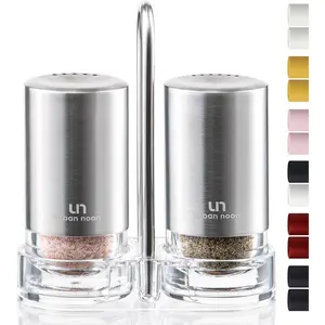 Salt and Pepper Shakers with Holder - Elegant Stainless Steel Salt Shaker and Pepper Shaker Set with Acrylic Holder for Kitchen Counter or Restaurant Table