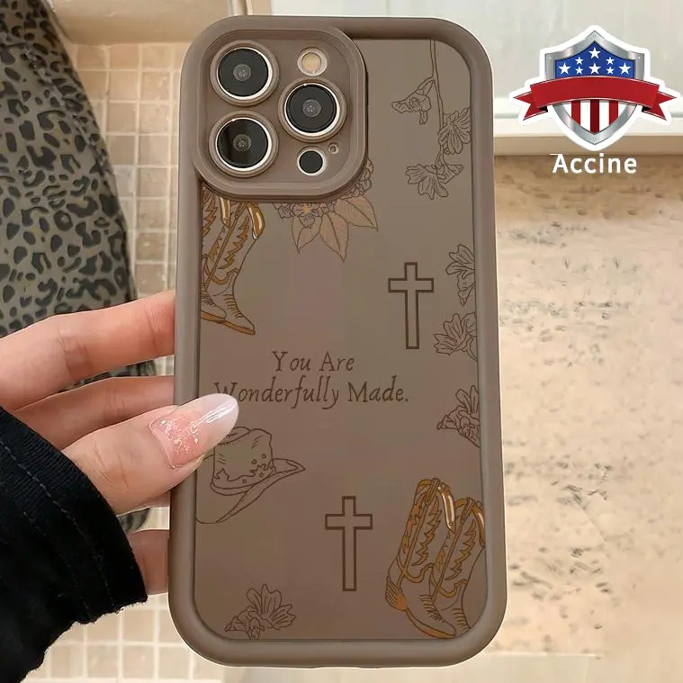 Western Cowboy Hat & Cross Patterned Silicone Protective Casing - 1.2mm Skinny, Durable, Shockproof iPhone Accessory with Full Camera Protection, Raised Lips, Non-Slip Design for iPhone 17 Pro Max,16 Plus,15,14,13,12,11,Air,E Plus