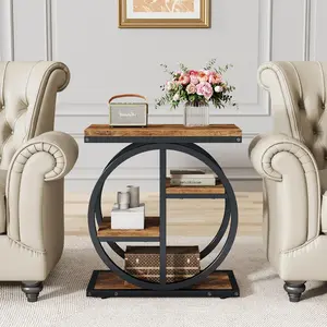 Narrow Side Table for Small Spaces, Rustic Industrial Farmhouse Accent Table for Living Room, Bedroom, Office Slim End Table with 4 Tiers, - Brown & Black