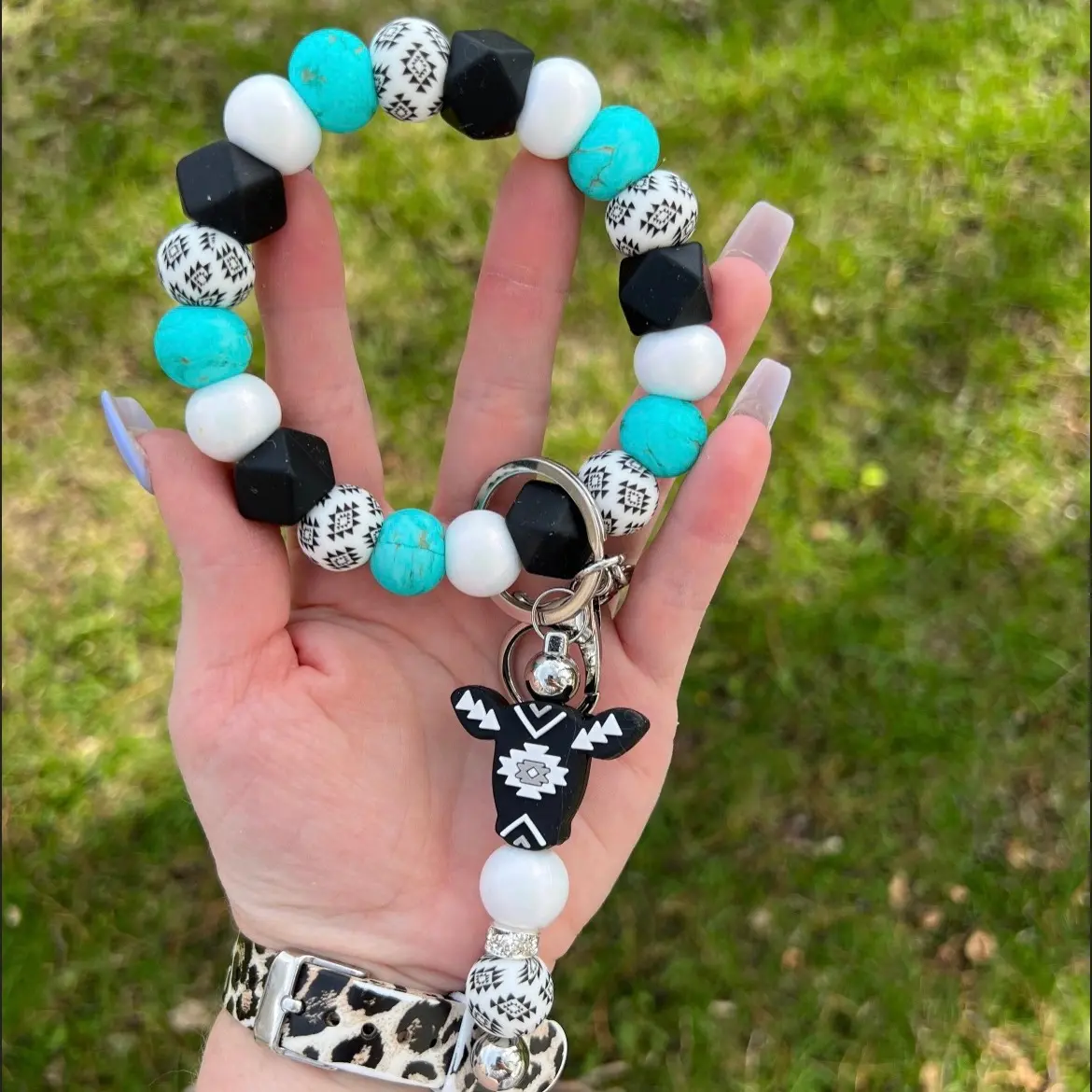 Black Aztec Cow Silicone Beaded Keyring