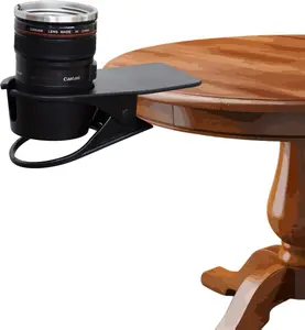 Clip-On Cup Holder for Desk, Table, Chair, Secure Drink Holder Clamp for Coffee Mug, Water Bottle, Phone, Space-Saving ABS Office Accessory for Home, Work - Black