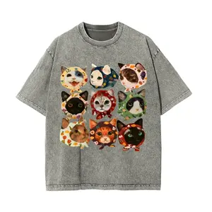 Unisex Turban Cat Pattern Washed T-Shirt, Vintage Cute Coloful Cartoon Cat Tee - Natural Theme Soft, Breathable, Loose-Fit Casual Short Sleeve TopUnisex Streetwear outdoorfun