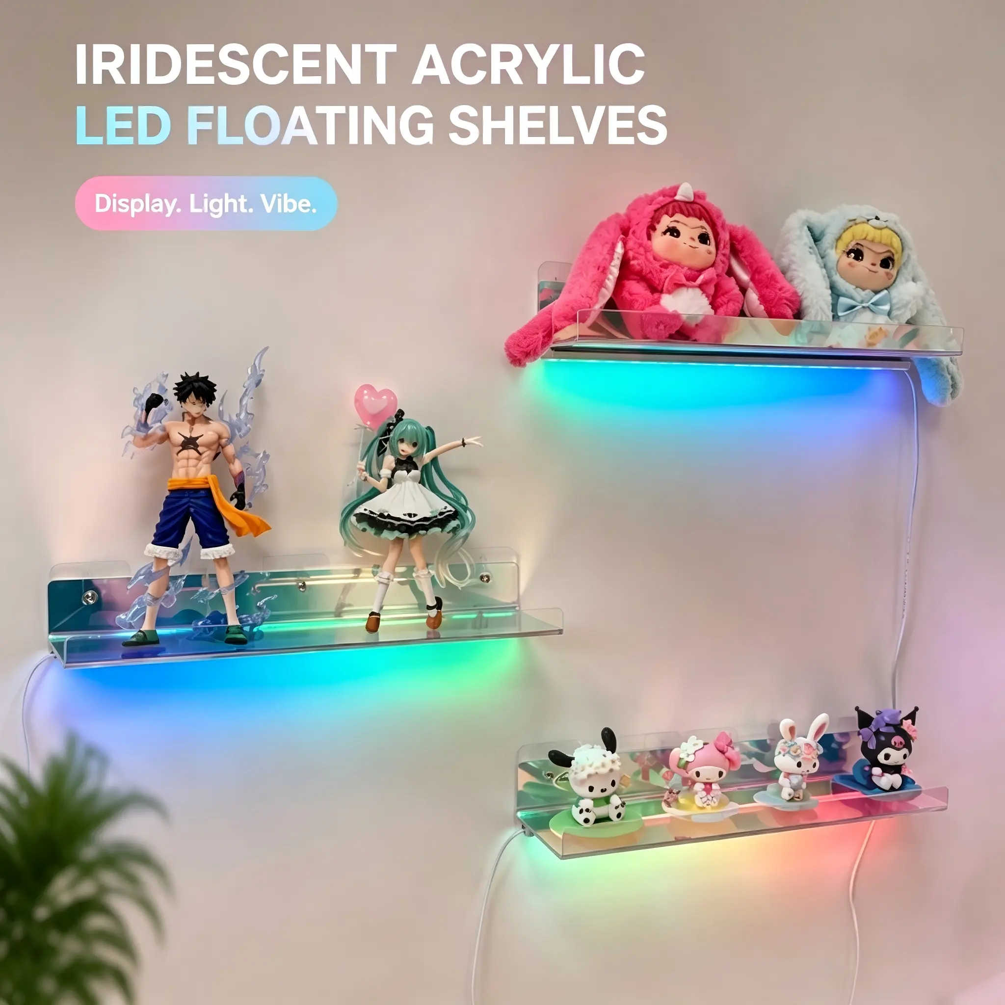 Iridescent Acrylic RGB LED Floating Wall Shelf - No-Drill Mount Organizer, Music Sync, Smart App Control, 16 Dimmable Colors, for Anime Figures, Gaming Room Decor