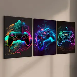 3 Counts Wooden Framed Canvas Painting, Neon Gaming Controller Art Images, Exquisite Poster, Perfect Living Room Decoration, Modern Art Design, Fashion Family Poster, Wall Art Decoration, Waterproof Art
