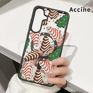 Cookie Christmas Dream Pattern Magnetic Phone Case Compatible with Galaxy S23 Ultra S24 Plus S25 S22+ FE Anti-Yellowing Shockproof Lightweight Transparent Acrylic Soft Cover Supports Wireless Charging.