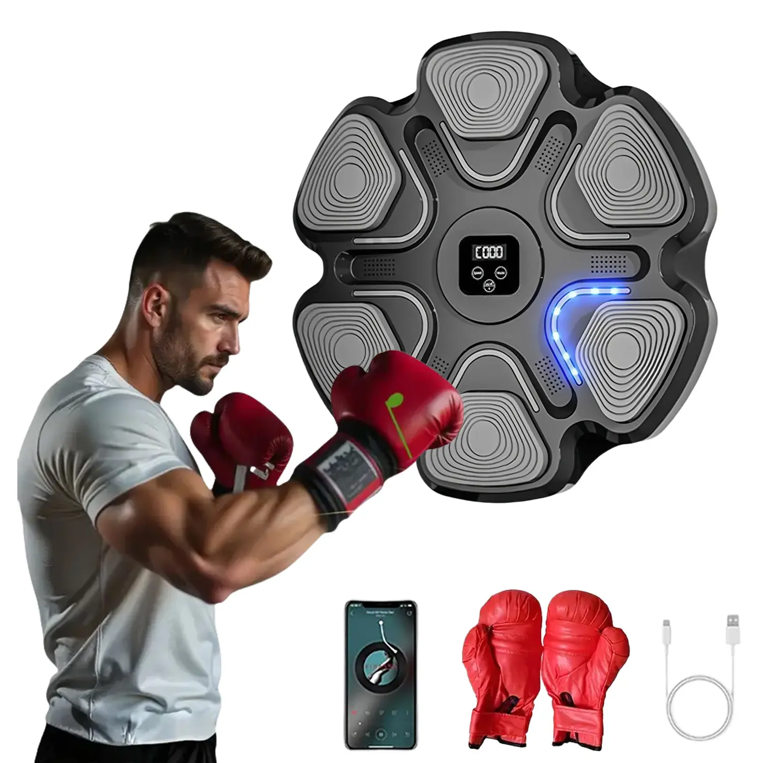 Summervibes Bluetooth Music Boxing Machine with Gloves - Wall-Mounted Home Gym Equipment, Type-C Charging, Punch Workout Gear for Adults, Home Workout Options, Gifts for Him,father'sdaygifts,campingessentials,campinggear
