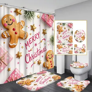 1PC/4PCS 2D Flat Merry Christmas Gingerbread Man Gift Box Patterned shower curtain, home bathroom decor, shower curtain set with 12 hooks, non-slip bathroom rug, U-shaped toilet seat cover, toilet seat mat.